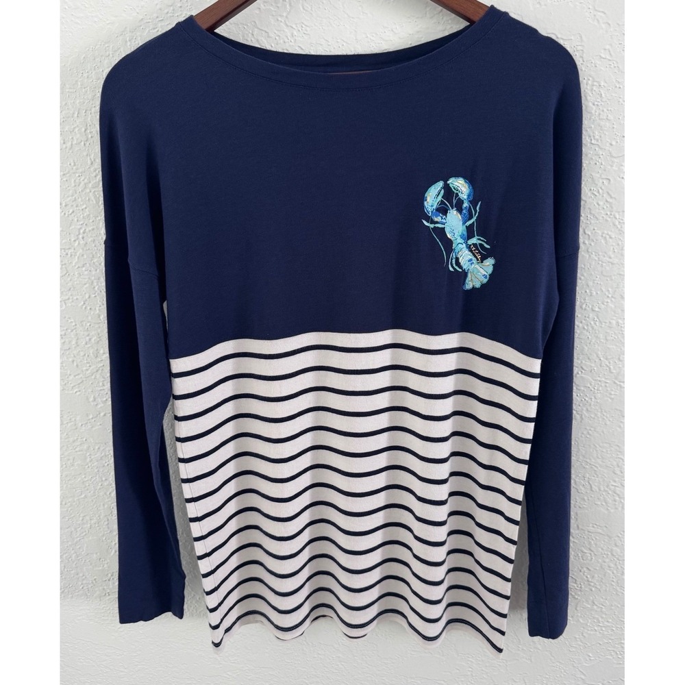Lilly Pulitzer Finn Tee "Lobster in Love" Print Stripe Long Sleeve XS Coastal